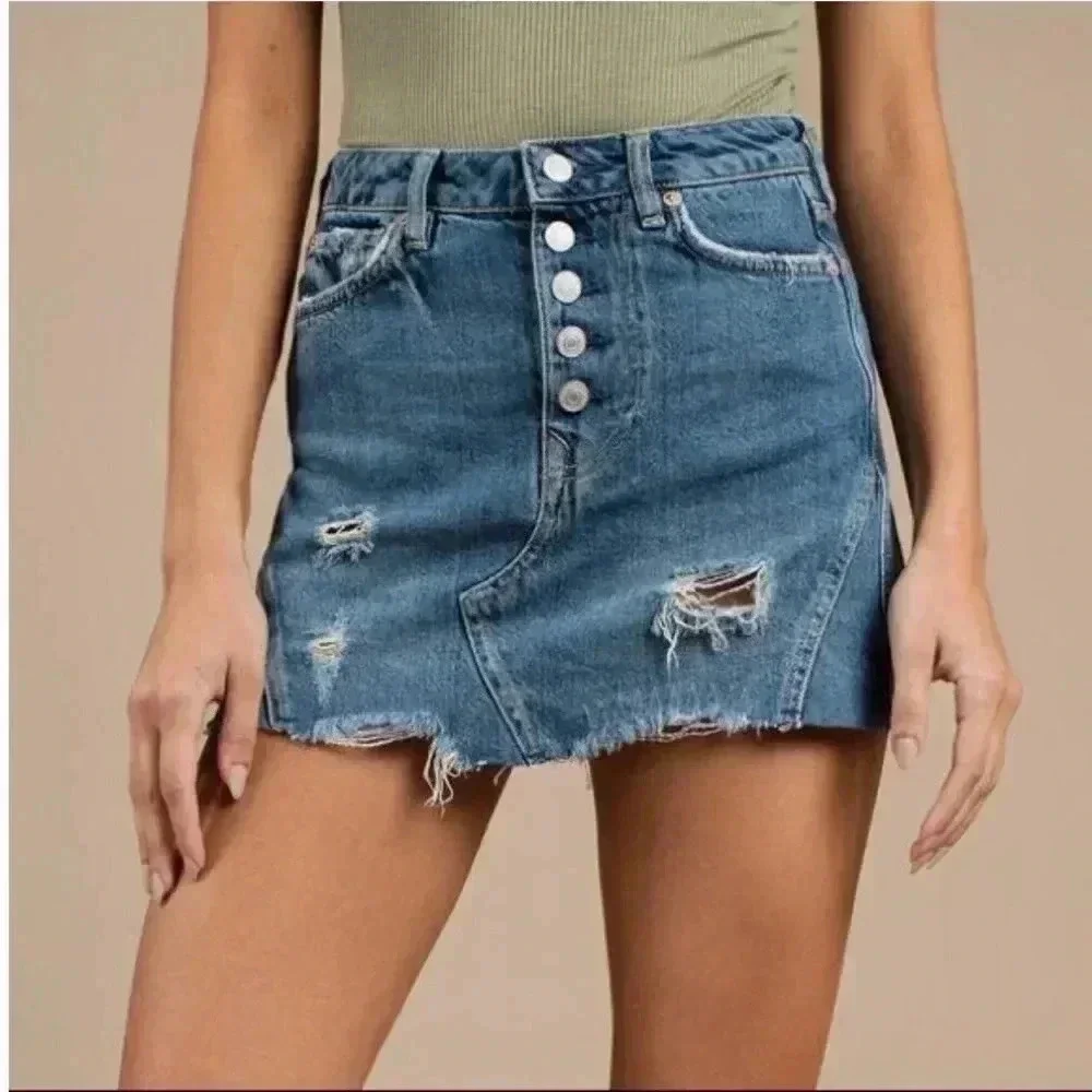 Free People Distressed Raw Hem Denim A-Line Skirt Size 27